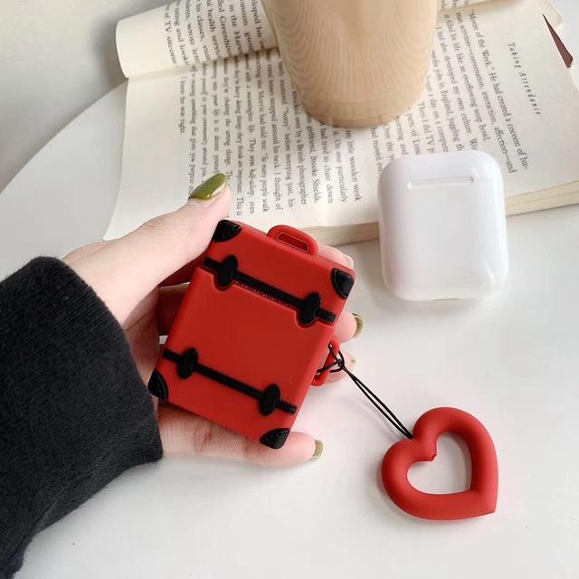 Cute Suitcase with Love Heart Finger Ring Strap AirPods Case