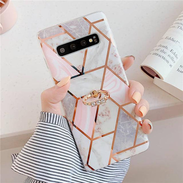 Artistic Geometric Marble Texture with Ring Holder Soft TPU Samsung Case