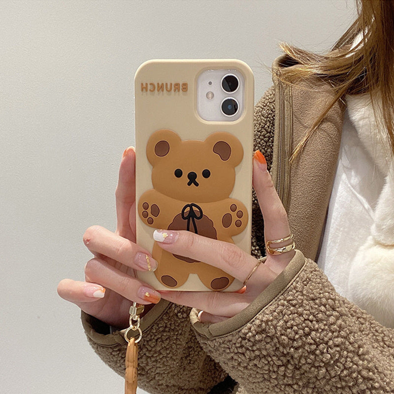 Cute Cartoon 3D Bear With Doll Pendant Soft Phone Case Back Cover for iPhone