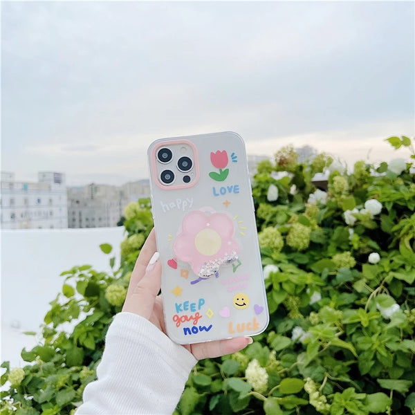 Cute 3D Quicksand Flower Grip Finger Holder Stand Silicone Clear Soft iPhone Case