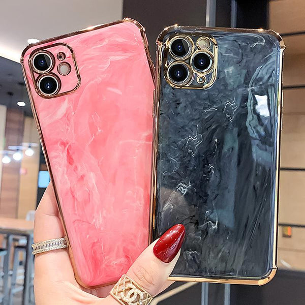 Plating Edge Marble Soft Phone Case Back Cover for iPhone