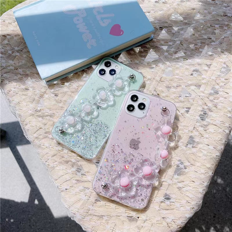 Luxury Glitter Flower Bracelet Hand Strap Clear Soft iPhone Case