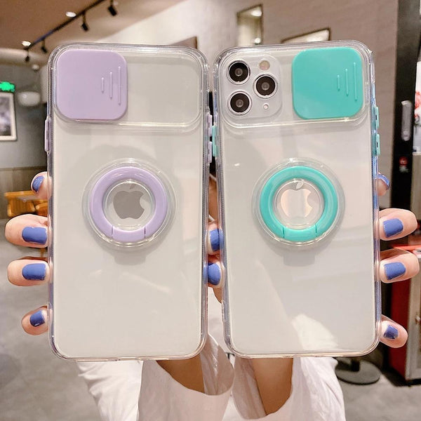 Candy Color Ring Holder Slide Lens Camera Protection Clear Soft Phone Case Back Cover for iPhone