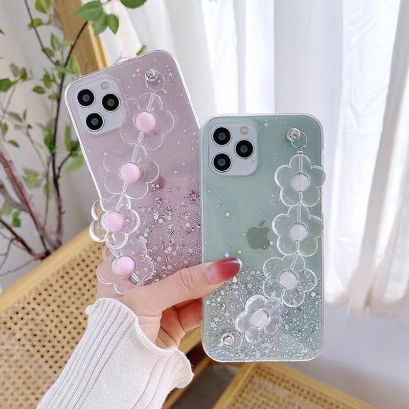 Luxury Glitter Flower Bracelet Hand Strap Clear Soft iPhone Case