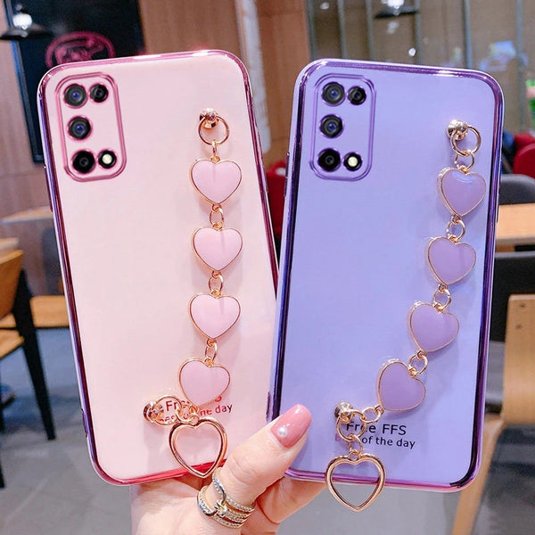 Cute Plating Love Heart Wrist Chain Samsung Case