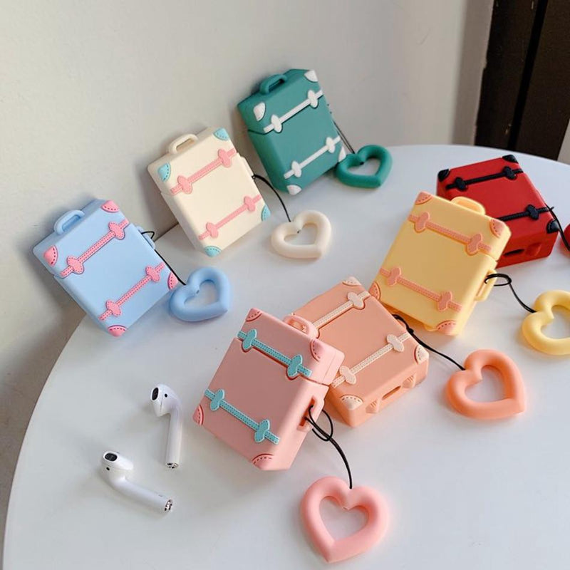 Cute Suitcase with Love Heart Finger Ring Strap AirPods Case