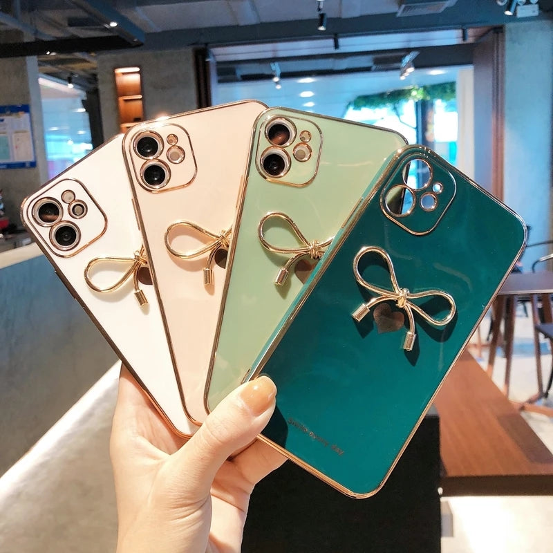 Cute Plating Love Heart 3D Bowknot Shockproof Silicone Soft iPhone Case