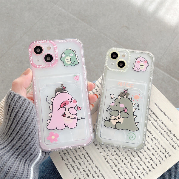 Cute Dinosaur Card Holder Wallet Clear Silicone Soft iPhone Case