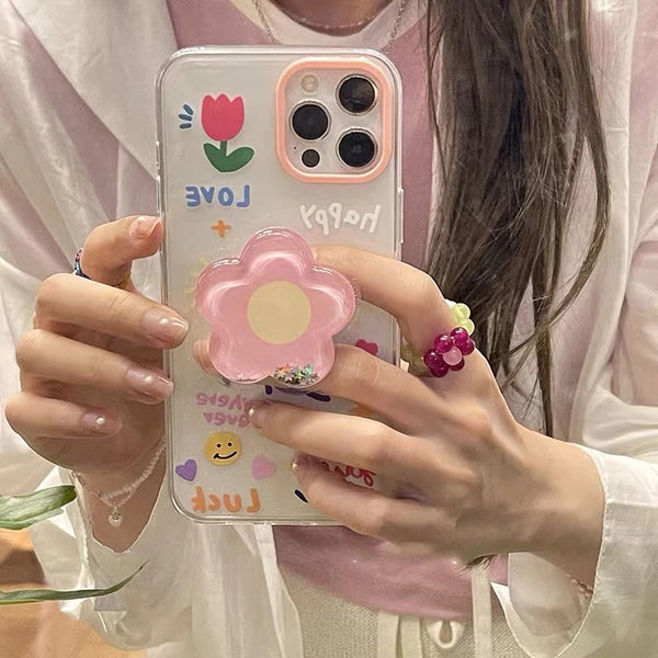 Cute 3D Quicksand Flower Grip Finger Holder Stand Silicone Clear Soft iPhone Case