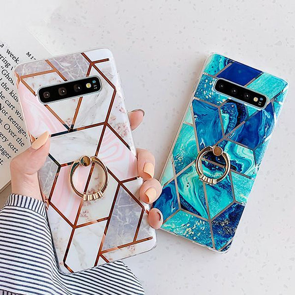 Artistic Geometric Marble Texture with Ring Holder Soft TPU Samsung Case