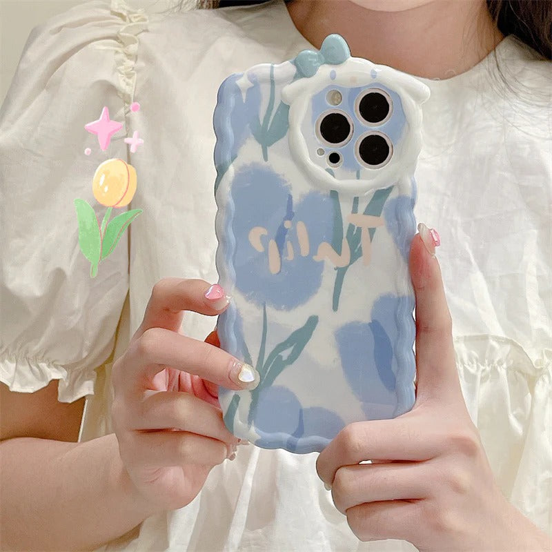 Cute Flower Floral Bow Curly Wave Frame Soft iPhone Case