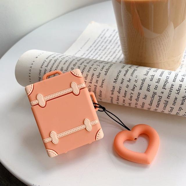 Cute Suitcase with Love Heart Finger Ring Strap AirPods Case