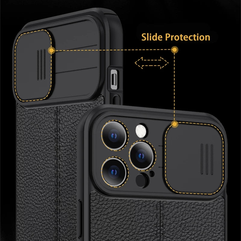 Slide Camera Lens Protection Leather Shockproof Soft iPhone Case