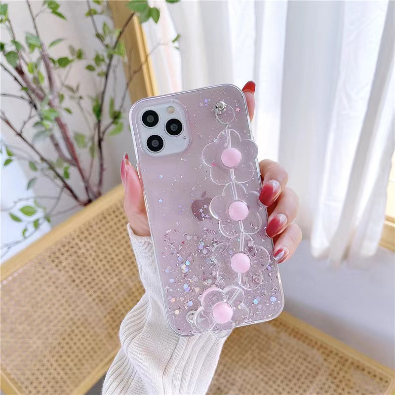 Luxury Glitter Flower Bracelet Hand Strap Clear Soft iPhone Case